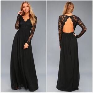 Lulus NWT Awaken My Love Black Crochet Maxi Bridesmaid Formal Long Sleeve Dress